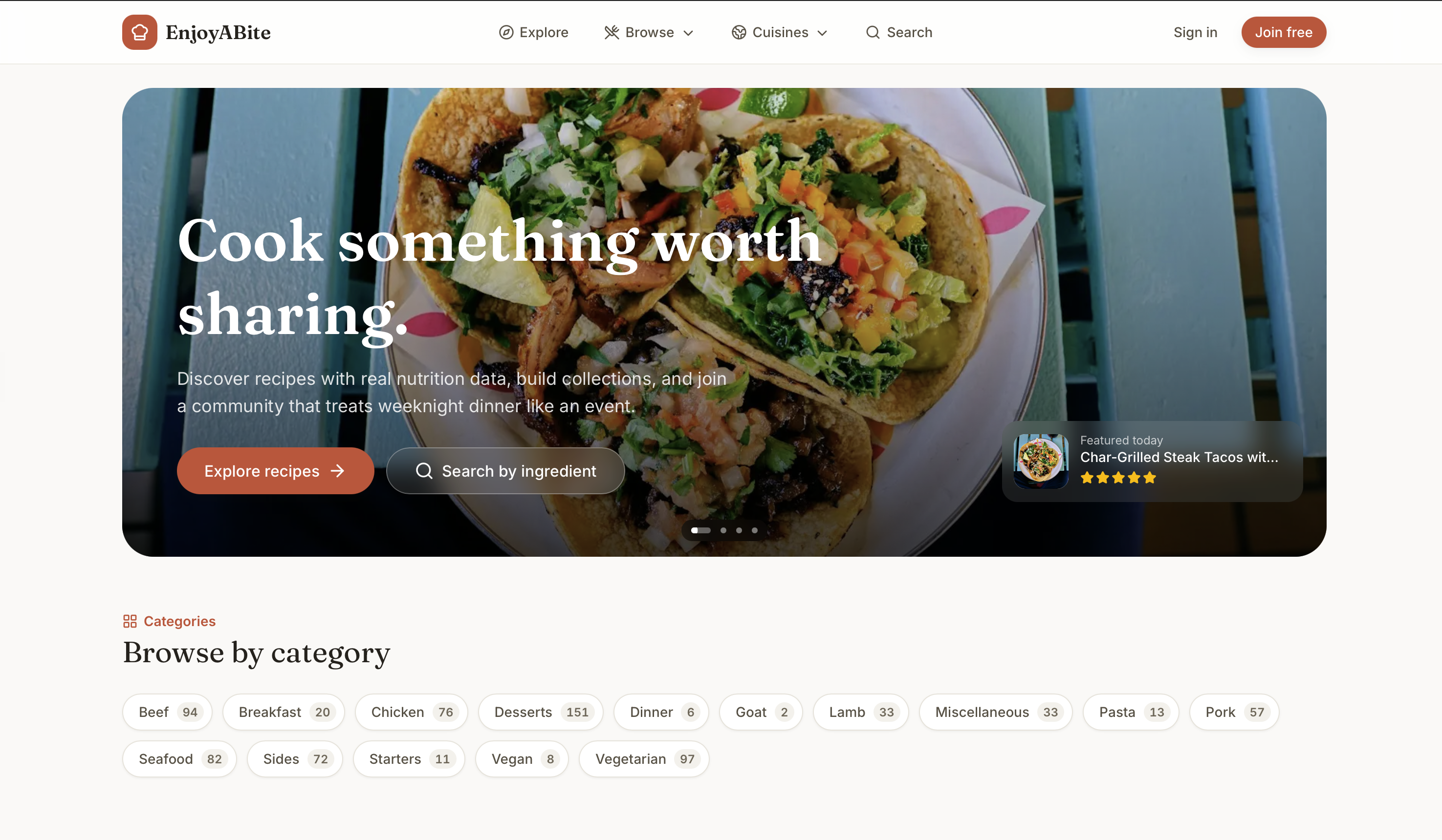 Enjoy a Bite recipe platform home page