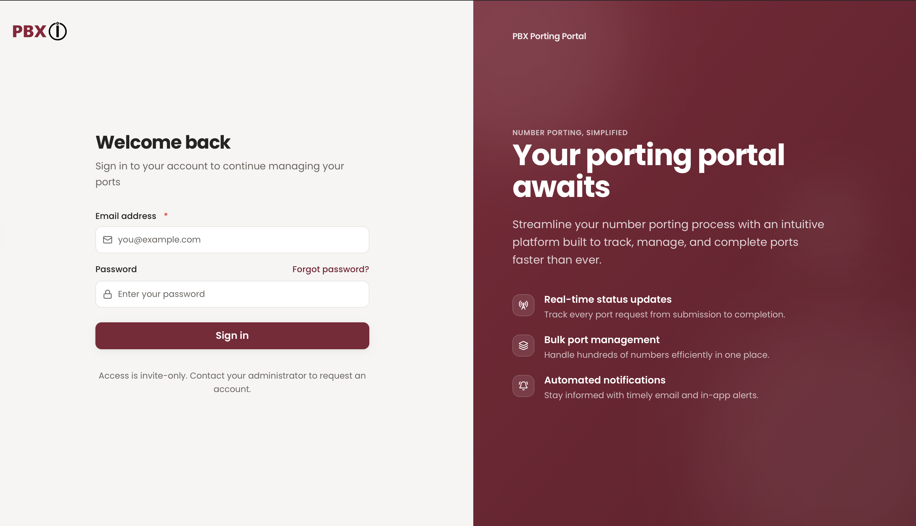 PBX Porting Portal home page